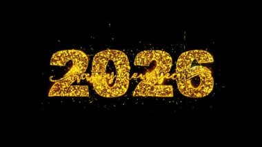 Mutlu yıllar 2026 Kutlama Lüks Metni Altın Kıvılcımlar Parlak Havai fişekler Kutlamalar parçacıkları canlandırıyor.
