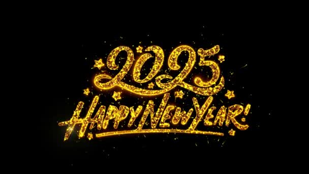 ハッピーニューイヤー2025 グリーティングラグジュアリーテキストゴールデンスパーク輝く花火のお祝いは粒子アニメーションを輝かせます ごあいさつ イベント メッセージ メリークリスマスハッピーニューイヤー — ストック動画