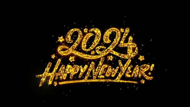 ハッピーニューイヤー2024 グリーティングラグジュアリーテキストゴールデンスパーク輝く花火のお祝いは粒子アニメーションを輝かせます — ストック動画