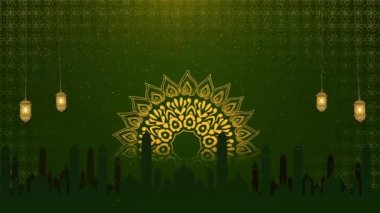 4K 3D Bayram Mübarek Animasyon Modifiye Ay ve İslami Mandala Arkaplanlı Mescid. Geleneksel İslami Fener Camii. Ramazan kutlaması. Arap kültür festivali dekorasyonu