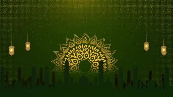 3Dイードムバラクはイスラム教のマンダラの背景を持つモーショングラフィックスムーンとマスジドをアニメーションしました 伝統的なイスラム教のランタン モスク ラマダンのお祝い アラビア文化祭の装飾 — ストック動画