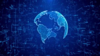 Dünya hologramı 3 boyutlu dijital arayüz arkaplanı. Dünya çapında iş verileri bilgi grafikleri konsepti. İş finansmanı şifreli para birimi web 3.0 Sosyal Ağ 4K dijital veri akışını iletir. Genel ağ