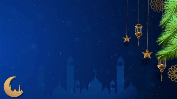 装飾的なアラビアのランタン燃えるろうそくは夜に輝く黄金のボケのライトを輝かせます お祝いグリーティングカード 招待ムスリム聖月ラマダンケアレム ラマダンキャンドルランタンとモスク — ストック動画