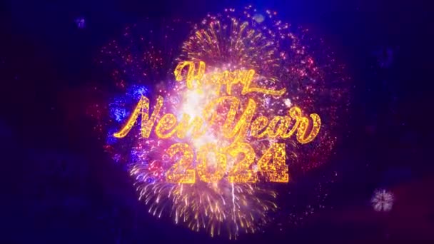 Animation Happy New Year 2024 Lettering Πυροτεχνήματα Πολυτελή Κινηματογραφική Χρυσή — Αρχείο Βίντεο