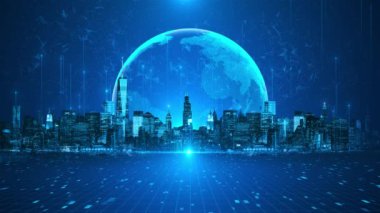 4K 3D Akıllı Şehir Global Ağı. Siber uzay büyük şehri. Kavram 5G kablosuz dijital kablosuz kablosuz büyük veri bağlantısı IOT internet Siberpunk teknolojisi. Metaverse Sanal Engelleme Teknolojisi