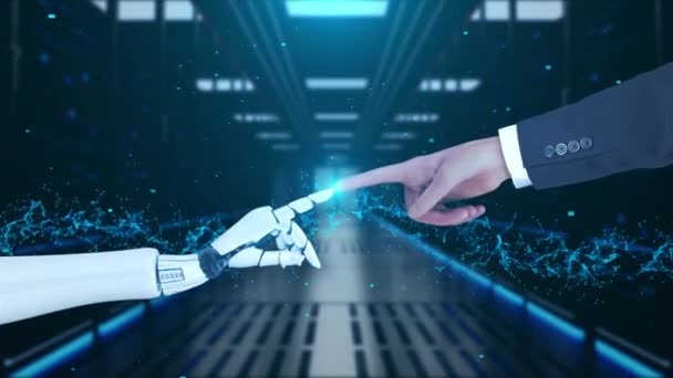 人工智能的概念 未来主义的技术变革 机器人的手和人的连接 人工智能 数据挖掘 机器学习发展 意念大脑思考动画 — 图库视频影像