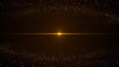 4K 3D altın bir ışın arka planı ve düşen altın tozu. Soyut hareket arka planı altın parçacıkları parlıyor. Bokeh 'le parıldayan parçacıklar. Parçacıklar ve parlak ışıklar zarif. Boşluğu kopyala.