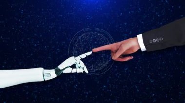 Robot ve insan bağlantılı Metaverse teknoloji ağı, geçiş robotları, sanal gerçeklik hologramı, görselleştirme, yapay zeka, AR, VR. makine öğrenme veri madencilik teknolojisi.