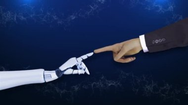 4K 3D yapay zeka, fütürist makine öğrenimi. Robot ve insanın elleri büyük veri ağı bağlantısına dokunuyor, yapay zeka yenilik teknolojisi. Dijital hesaplama, robot devrimi. siber uzay