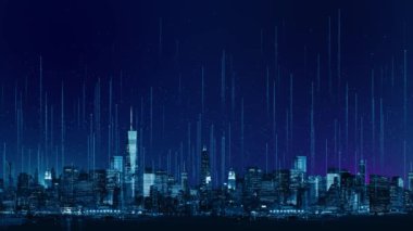 3D Dijital Fütüristik İş Şehri. Gökdelenleri olan 4K şehir manzarası. Teknoloji konsepti. Hiperhız Hatları Dünya Çapında Web, İnternet Bağlantısı Büyük Veri. Dijital Veri Ağı Bağlantıları, Global 5g