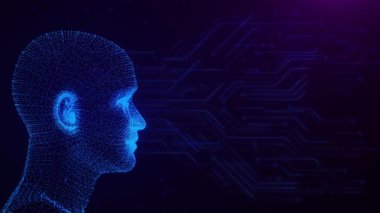 Gelecekteki yapay zeka teknolojisi öğrenimi, mavi arka planda veri akışı. Siber zihin İnsan hızlı dijital hesaplama, robot devrimi büyük veriler, yapay zeka. derin öğrenme bilgisayar sanal makinesi