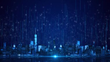 Fütürist Dijital Teknoloji Dönüşüm Akıllı Şehir Arkaplanı, Şehir Ufku, Yapay Zeka, İnternet. yüksek hızlı internet bağlantısı, dünya çapında büyük veri gelecek bağlantısı