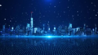 3D 4K Fütürist dijital Smart City silueti. Büyük veriler, yapay zeka, internetteki şeyler. Geceleri şehir merkezinde siber punk ve retro dalgalar. Dünya çapında metaevren