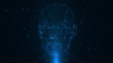 İnsan yüzü soyut dijital bilgisayar animasyonu. Üç boyutlu yapay zeka. Büyük veri siber güvenlik metaevreni. geleceğin teknolojisi makine öğrenme geleceğin yapay zeka teknolojisi, insan hızlı robot devrimi kavramı
