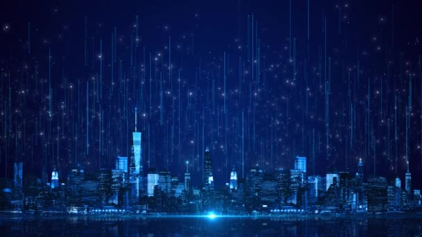 未来的なデジタル技術変革スマートシティ背景 都市スカイライン 人工知能 モノのインターネット 高速インターネット接続 世界的なビッグデータの将来の接続 — ストック動画