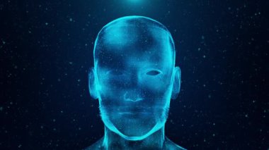 4K Fütüristik Araştırma, 3D ai Analiz Yapay Zeka İnsan Kafa Analiz Yeniliği. AI Face dijital robot tasarımı için sanal holografik anatomi tasarımı. Biyometrik tıbbi araştırma Sanal gerçeklik kavramı