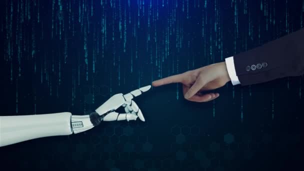 Futuristisk Robot Maskininlärning Robot Och Människa Hand Vidrör Big Data — Stockvideo