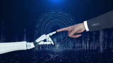 Robot ve insan gelişimi üzerine üç boyutlu yapay zeka araştırması. Yaşayan insanların geleceği. veri madenciliği ve makine öğrenme teknolojisi bilgisayar beyni. Gelecekteki blok zinciri bilim araştırması