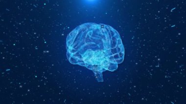 Yapay Zeka Dijital Beyin, Büyük Veri Akımı Matrisi Derin Makine Bilgisayar Öğrenen Şeyler İnterneti. kuantum hesaplaması. 4K 3D sinirsel ağ siber-punk AI mikroçip beyni
