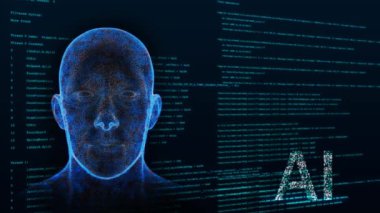 3D AI Dijital Yapay Zeka Teknolojisi İnsan Zihni Yüzleşmesi Kurgu Tanıma Biyometrik Tıbbi Araştırması. Modern tarama. Dijital hesaplama, robot devrimi Büyük veriler. Makine Öğrenme