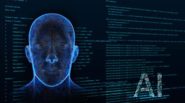 3D AI Dijital Yapay Zeka Teknolojisi İnsan Zihni Yüzleşmesi Kurgu Tanıma Biyometrik Tıbbi Araştırması. Modern tarama. Dijital hesaplama, robot devrimi Büyük veriler. Makine Öğrenme
