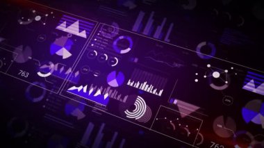 4K Futuristik Büyük Veriler ve borsa iş alanı, turta grafikleri, rakamlar ve grafikler mavi ve mor arka planda gösteriliyor. hologram, illüstrasyon, rapor, iş dünyası, büyüme ve küresel konsept.