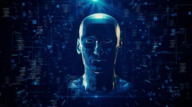 İnsan beyni ağı yapay zeka derinlemesine öğrenme kavramı. Robot sanal insan, sanal karakter dijital klonu, beyin algoritması yenilikçiliği ile karşı karşıya. Sinirsel Büyük veri görselleştirmesi.
