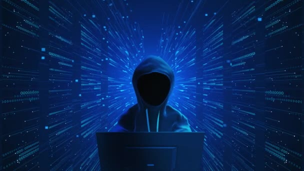 Hooded Hacker Breaks Data Servers Infects System Virus Dark Room — Stock Video