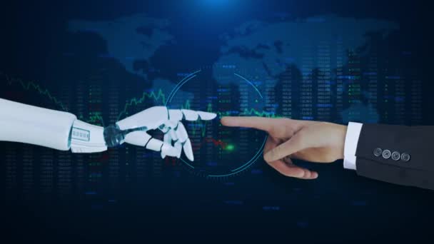 ロボットと人間の接続されたメタバース技術ネットワークのハンドメタバース 移行人間のロボット バーチャルリアリティホログラム 視覚化 機械学習データマイニング技術 — ストック動画