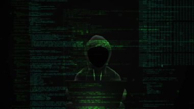 Siber suçlar, bilgisayar ağına, virüse, virüse, virüse, virüse, casus yazılıma, kötü niyetli yazılıma saldırmak için anonim bir bilgisayar korsanı. Siber güvenlik ve siber suç 4K 3D