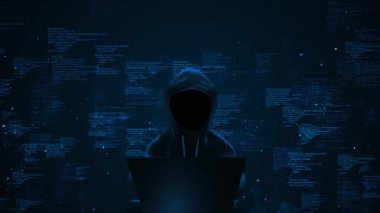 Siber suçlar, bilgisayar ağına, virüse, virüse, virüse, virüse, casus yazılıma, kötü niyetli yazılıma saldırmak için anonim bir bilgisayar korsanı. Siber güvenlik ve siber suç 4K 3D