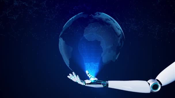 Digital Robot Hand Holding Planet Earth Global Business Network Metaverse — Vídeos de Stock