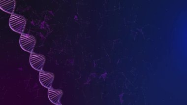 Mavi DNA molekülü üzerinde dönen DNA molekülü. Yapay DNA yapısı karanlık sanatsal siber uzay sarmalına ışık parçacıkları parlatıyor. Bilim ve tıp 3 boyutlu animasyon. .