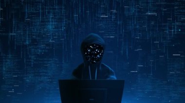 Hoody Hackleme internet güvenlik korsanı siber güvenlik virüsü bilgisayar saldırı ağı sistemi çevrimiçi veri güvenliği ai güvenlik programını hackliyor. Hologram verileri. Dolandırıcılık, dolandırıcılık veya suç