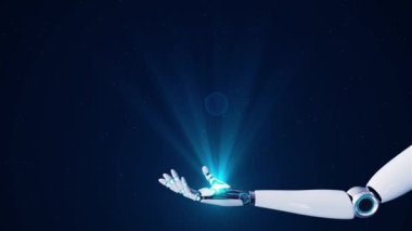 Robot El HUD küresel dünya haritası, küresel wigonal hatları çokgen sosyal ağlar, Hologram Sanal Dünya Sanal Gezegeni büyük verileri. Toprak gezegeni dijital iş teknolojisi kavramı. 3D 4K