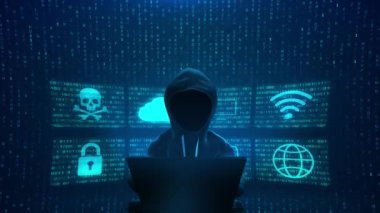 Kapüşonlu Hacker, karanlık oda hackerları siber savaşında veri sunucularını çökertti. 4K 3D veri koruma arayüzü. Siber suçlar. Bilgi çalan tehlikeli bir hacker. 4K 3D siber saldırı, sistem bozulması