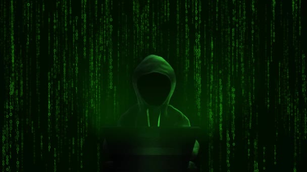 インターネットハッキングマルウェアの概念を攻撃する3D匿名のコンピュータハッカー ハッカー抽象ラップトップバイナリコードデジタルインターフェース ウイルス スパイウェア マルウェアの悪質なソフトウェア サイバーセキュリティ サイバー犯罪 — ストック動画