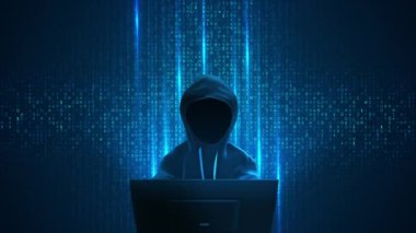 4K Hacker kapüşonlu dolandırıcılık ve kripto para birimi bitcoin. Siber güvenlik veri koruması sosyal ağ veri hırsızlığı, internet dolandırıcılığı, darknet siber güvenlik. Şifreli hızlı programlama güvenlik hackleme kodu