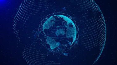 Global Teknoloji. 3d Dünya Dijital Bağlı Ağ Arkaplanı. Dünya çapında Büyük Veri Bulutu. Dünya Bağlantıları Işık Hatları. Dönen Gelecek Dünya Küresi verileri, hızlı veri animasyonunu aydınlatıyor