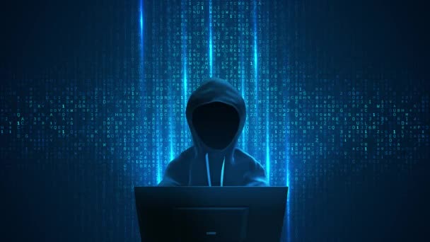 Hacker Hoodie Fraude Cryptogeld Bitcoin Cybersecurity Gegevensbescherming Sociaal Netwerk Data — Stockvideo