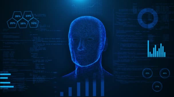 홀로그램 바이너리 데이터 파란색 배경에 사이버 인간의 디지털 컴퓨팅 Big — 비디오