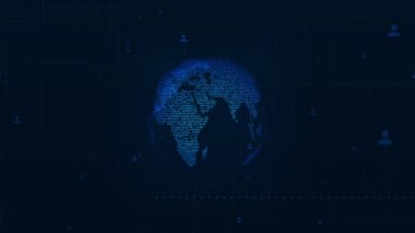 Dijital Dünya, Kripto Para Birimi Ağı Konsepti, Blockchain, Data, Internet, Güvenlik Sistemi, Bilgisayar Ağı. Sanal gezegen Dünya parçacıkları büyük verileri birbirine bağlar. Soyut teknoloji arkaplanı.