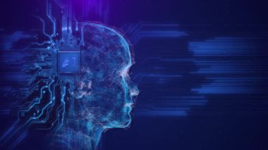 Yapay Zeka insan yüzü yüz tanıma biyometrik tıbbi araştırma konsepti, büyük veriler veya siber güvenlik. Dijital ai derin sanal gerçeklik hologramı verileri. Tanımlama Kimliği Siber Güvenlik