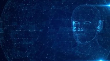 Gelecekçi Veri Holografik Arayüzü. İnsan Başı Dijital Yapay Zeka Sanal Sanal Gerçeklik Projeksiyonu. Geliştirilmiş gerçeklik, oyun, gelecek teknolojisi, yapay zeka konsepti. Video kayıt cihazı. Yüz Tanıma.