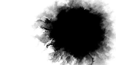 Mürekkep sıçrama bileşimi. Mürekkep sıçraması. Mürekkep fırçası darbesi, sıvı sanat geçmişi, üst üste bindirme, alfa suluboya mat. Mürekkep yavaş çekim geçişi gösteriyor. Şeffaf etki, izole, organik akış.