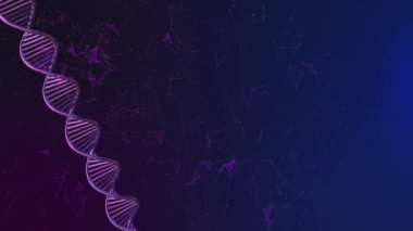 Mavi DNA molekülü üzerinde dönen DNA molekülü. Yapay DNA yapısı karanlık sanatsal siber uzay sarmalına ışık parçacıkları parlatıyor. Bilim ve tıp 3 boyutlu animasyon. .