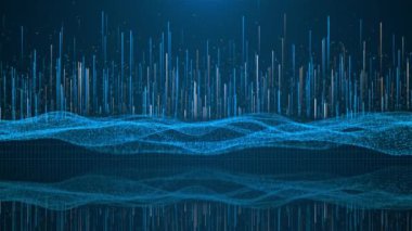 Bilim kurgu mikro dünyasının, nanoteknolojinin ya da kozmik uzayın soyut mavi hologramı. 4k parlak parçacıklar çizgiler oluşturur, yüzeyler siber uzayda fütüristik bir manzara olarak görülür. siber partiküller, veri akışı