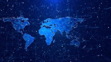 4K 3D Hud Gezegeni dünya animasyonu Dünya haritası dijital bağlantı sosyal ağını haritalar. Dünya iletişim verileri. Engelleme teknolojisi veritabanı İş finans kripto para birimi ağı 3.0
