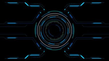 Gelecekçi HUD video çerçeve kodu siber uzay dijital veri matrisi matrisi plexus çizgileri Data HUD görüntüleme. Veri yükleniyor, analiz ediliyor, daireler döndürülüyor, grafikler, kaydırıcılar, HUD daire arayüzleri