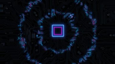 Animasyon devre kartı dijital çip. PCB Bilimkurgu şık siber punk grafik elemanları küresel CPU devreleri ağı. metaverse yapay zeka, büyük veri siber yenilik devre kartı
